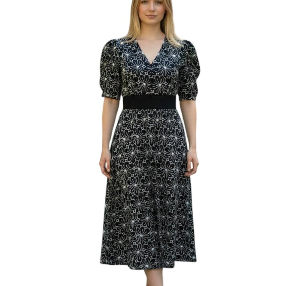 Elie Tahari Women's Black & White Flower Lace Midi Puff Sleeves Dress Medium